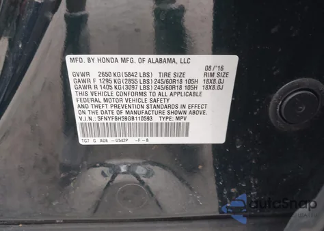 2016 Honda Pilot Ex-L from USA, damaged, VIN 5FNYF6H59GB110593